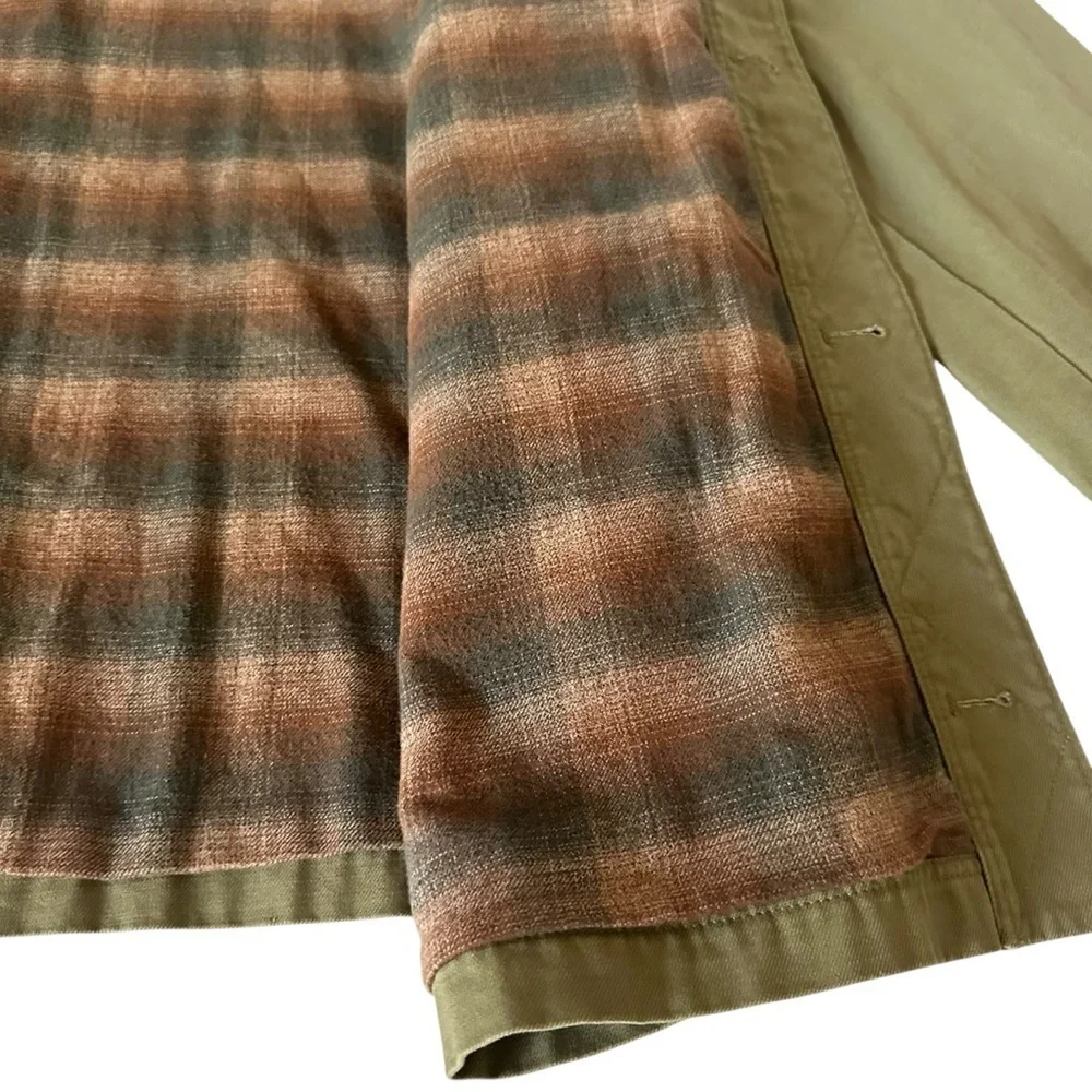 J. CREW CHORE COAT FLANNEL LINED OLIVE GREEN SIZE XL